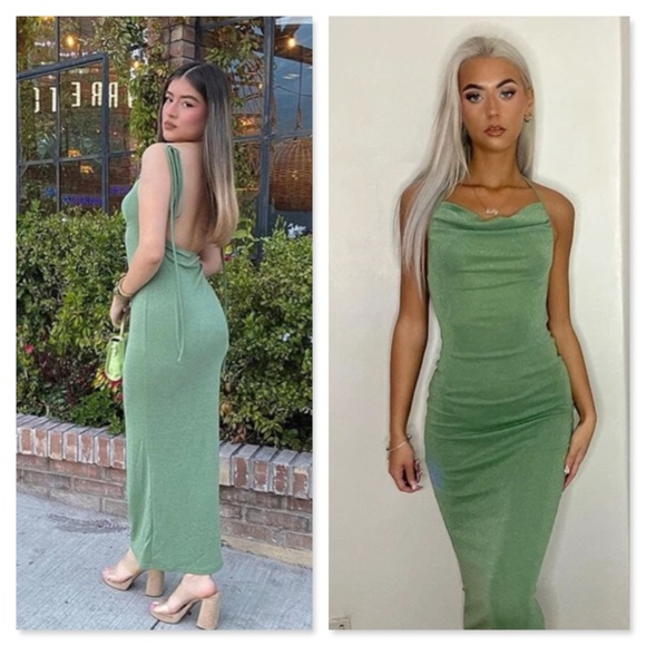 Glitter Lurex Mint Green Cowl Neck Backless Tie Straps Maxi Long Dress - Picture 13 of 14